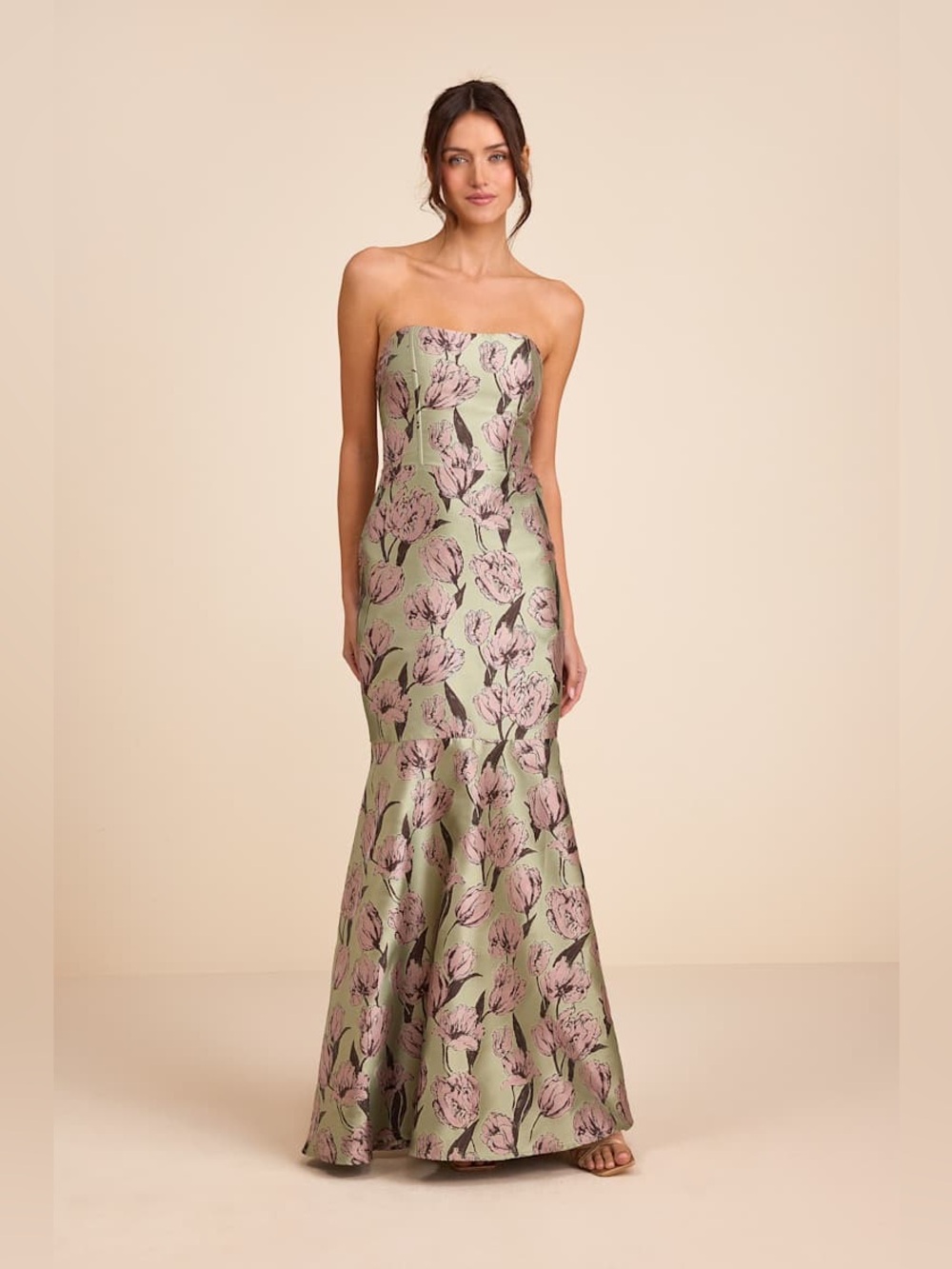 Lulus Gowning Around Sage Floral Jacquard Strapless Maxi Dress